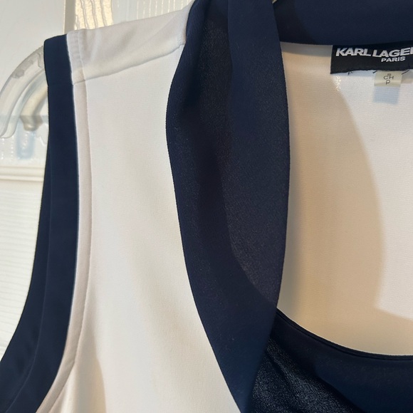 Karl Lagerfeld Tank Top Split Hem White Navy Small Neck Tie Loose Fit Stretch - Picture 11 of 13